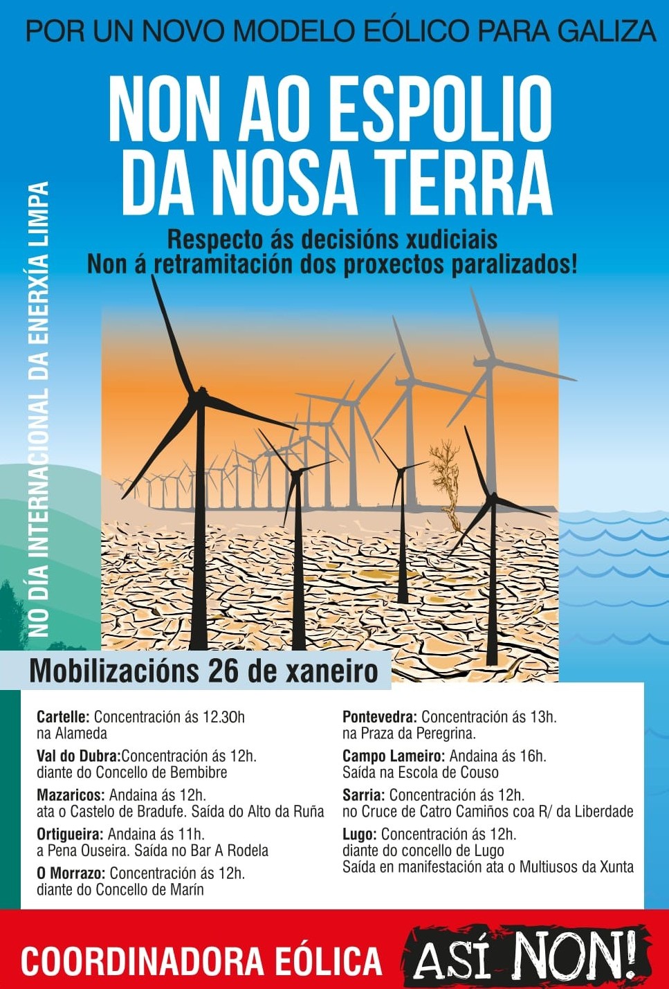 Eólica Así Non! convoca mobilizacións masivas o domingo 26 de xaneiro contra o “espolio enerxético” en Galicia