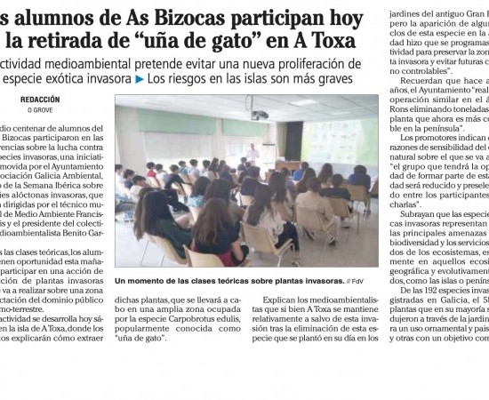 Los alumnos de As Bizocas participaron hoy en la retirada de “uñas de gato” en A Toxa
