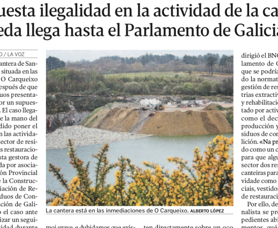 La supuesta ilegalidad en la actividad de la cantera de Bóveda llega hasta el Parlamento de Galicia